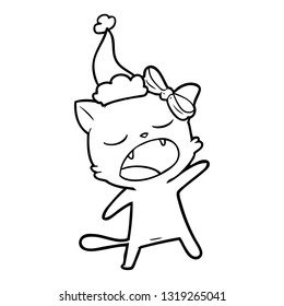 hand drawn line drawing of a singing cat wearing santa hat