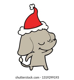 hand drawn line drawing of a smiling elephant wearing santa hat