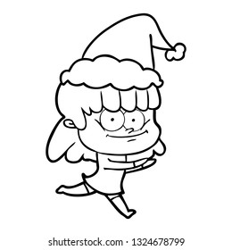 dibujo de la línea dibujada a mano de una mujer sonriente con sombrero santa