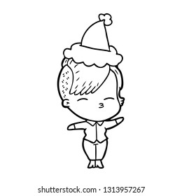 hand drawn line drawing of a squinting girl wearing santa hat