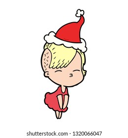 dibujo de la línea dibujada a mano de una muchacha que se desolaba vestida con sombrero de santa