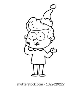 hand drawn line drawing of a staring man wearing santa hat