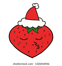 hand drawn line drawing of a strawberry wearing santa hat