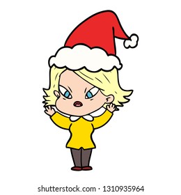 hand drawn line drawing of a stressed woman wearing santa hat