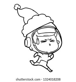 hand drawn line drawing of a stressed astronaut wearing santa hat