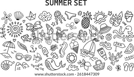 hand drawn line drawing summer beach background set. Doodle sea bg. Cute hand drawn sketch flower, sun, cloud, wave, palm, whale, beach umbrella, boat icon. summer vector elements. 