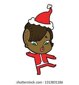 hand drawn line drawing of a surprised girl in science fiction clothes wearing santa hat