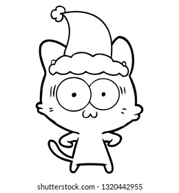 hand drawn line drawing of a surprised cat wearing santa hat