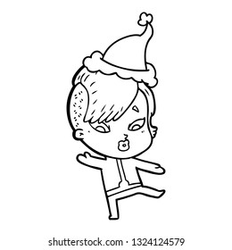 desenho de linha desenhada à mão de uma menina surpreendida em roupas de ficção científica usando chapéu de santa
