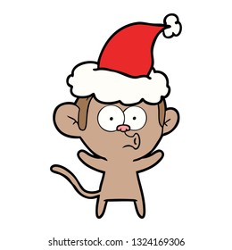 hand drawn line drawing of a surprised monkey wearing santa hat