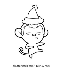 desenho de linha desenhada à mão de um macaco suspeito usando chapéu de santa