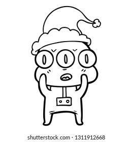 hand drawn line drawing of a three eyed alien wearing santa hat