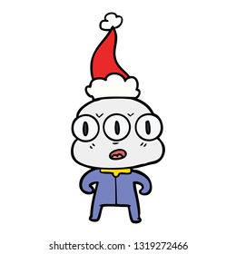 dibujo de una línea dibujada a mano de un extraterrestre de tres ojos con sombrero santa