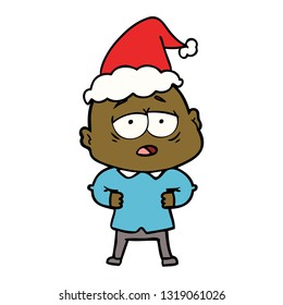 hand drawn line drawing of a tired bald man wearing santa hat