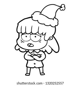 hand drawn line drawing of a tired woman wearing santa hat