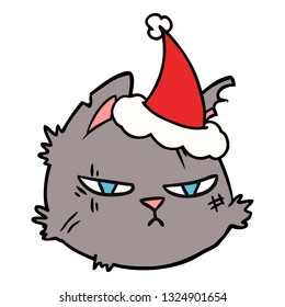 hand drawn line drawing of a tough cat face wearing santa hat