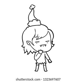 hand drawn line drawing of a undead vampire girl wearing santa hat