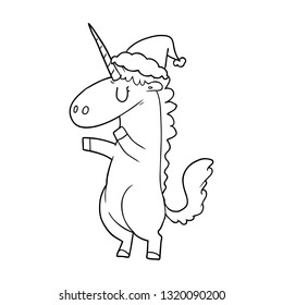 dibujo de una línea dibujada a mano de un unicornio con sombrero santa