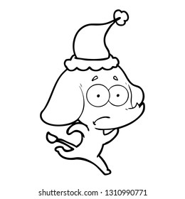 hand drawn line drawing of a unsure elephant running away wearing santa hat