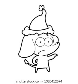 hand drawn line drawing of a unsure elephant wearing santa hat