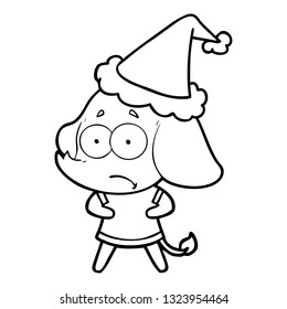 hand drawn line drawing of a unsure elephant wearing santa hat