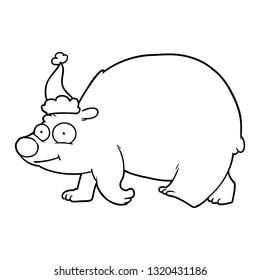 hand drawn line drawing of a walking polar bear wearing santa hat