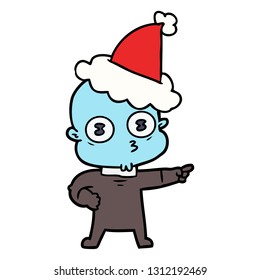 hand drawn line drawing of a weird bald spaceman wearing santa hat