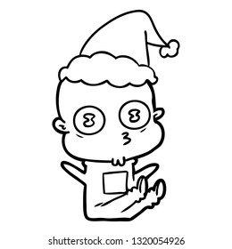 hand drawn line drawing of a weird bald spaceman wearing santa hat