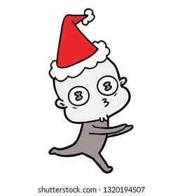 hand drawn line drawing of a weird bald spaceman running wearing santa hat