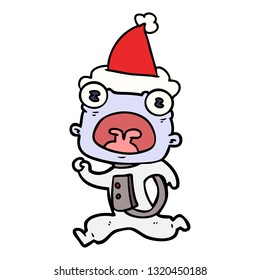 hand drawn line drawing of a weird alien running away wearing santa hat