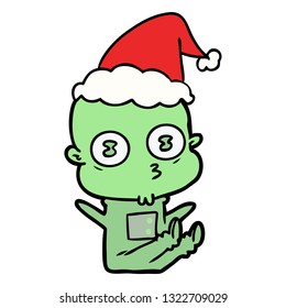 hand drawn line drawing of a weird bald spaceman wearing santa hat
