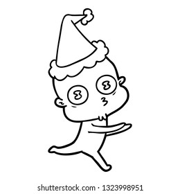 hand drawn line drawing of a weird bald spaceman running wearing santa hat