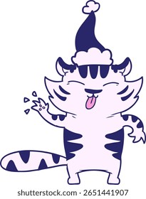 hand drawn line drawing of a white tiger wearing santa hat in bright neon color