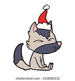 hand drawn line drawing of a wolf whistling wearing santa hat