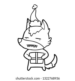 hand drawn line drawing of a wolf with a gift wearing santa hat