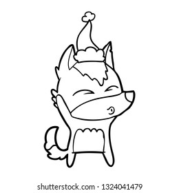 dibujo de una línea dibujada a mano de un lobo que silbaba usando sombrero santa
