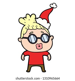 hand drawn line drawing of a woman wearing spectacles wearing santa hat