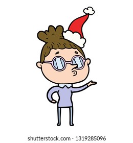 hand drawn line drawing of a woman wearing glasses wearing santa hat