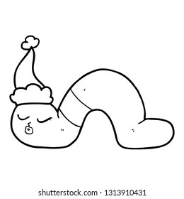 hand drawn line drawing of a worm wearing santa hat