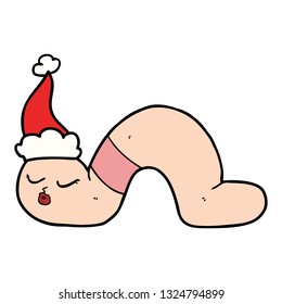 hand drawn line drawing of a worm wearing santa hat