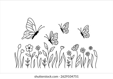 Hand drawn line drawings of butterflies and flowers.