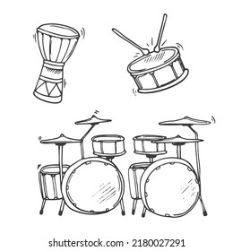 Hand drawn line drums set. Doodle style drums in vector