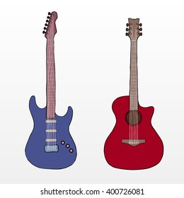 Hand drawn line electric and acoustic guitar. Colorful guitar instrument