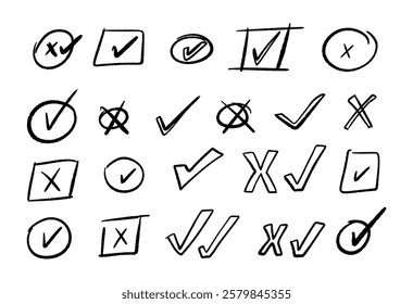 Hand drawn line element design in sketch or doodle style. Set of vector decoration graphic elements check mark and  cross signs.