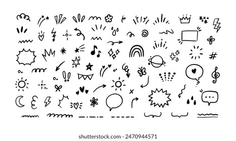 Hand drawn line elements. Doodle pen signs and effects. Simple sketch sparkle, star, glitter, icons, heart, floral objects. Decorative pencil curved symbols and shape. Vector set