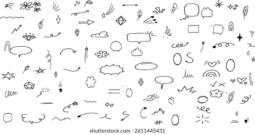 Hand drawn line elements. Doodle pen signs and effects. Simple sketch sparkle, star, glitter, icons, heart, floral objects. 