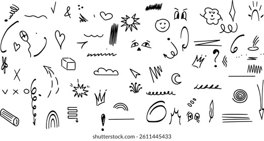 Hand drawn line elements. Doodle pen signs and effects. Simple sketch sparkle, star, glitter, icons, heart, floral objects. 