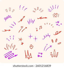 Hand drawn line elements. Pen marks and effects with colorful strokes.