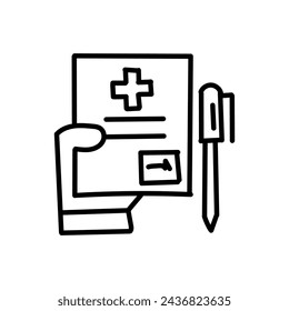 Handgezeichnete Linie und flaches Stil-Symbol des Gesundheitsberichts, Dokument