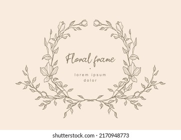 Hand drawn line floral frame. Elegant vintage wreath. Logo template.Vector illustration botanical decoration elements for label, branding business identity, wedding invitation, greeting card